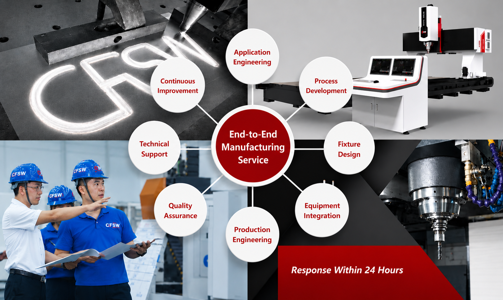 Engineering and manufacturing capabilities for friction stir welding including application engineering, process development, fixture design, equipment integration, production engineering, quality assurance, technical support, and continuous improvement.